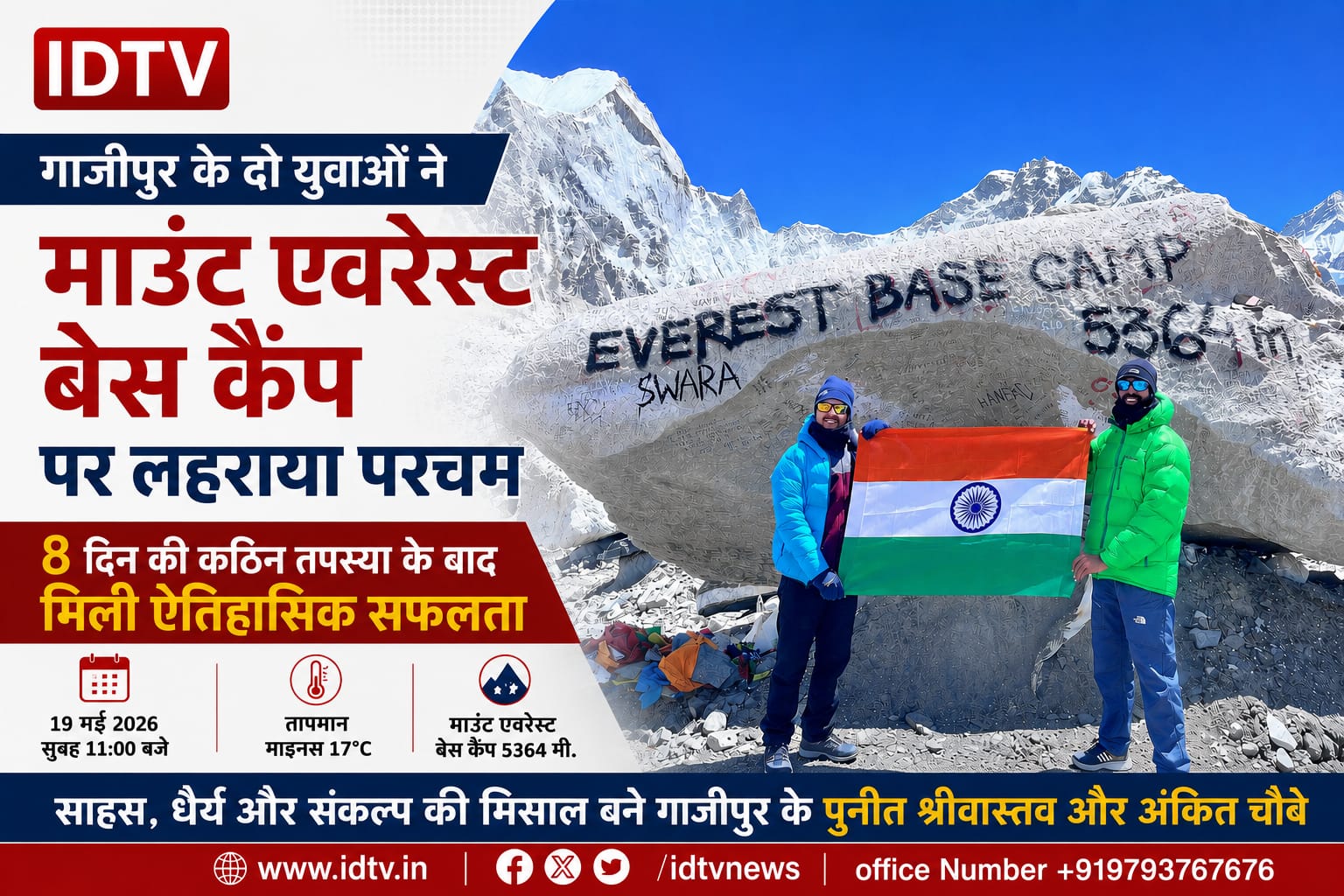 ग़ाज़ीपुर के दो युवाओं ने माउंट एवरेस्ट बेस कैंप पर लहराया परचम।